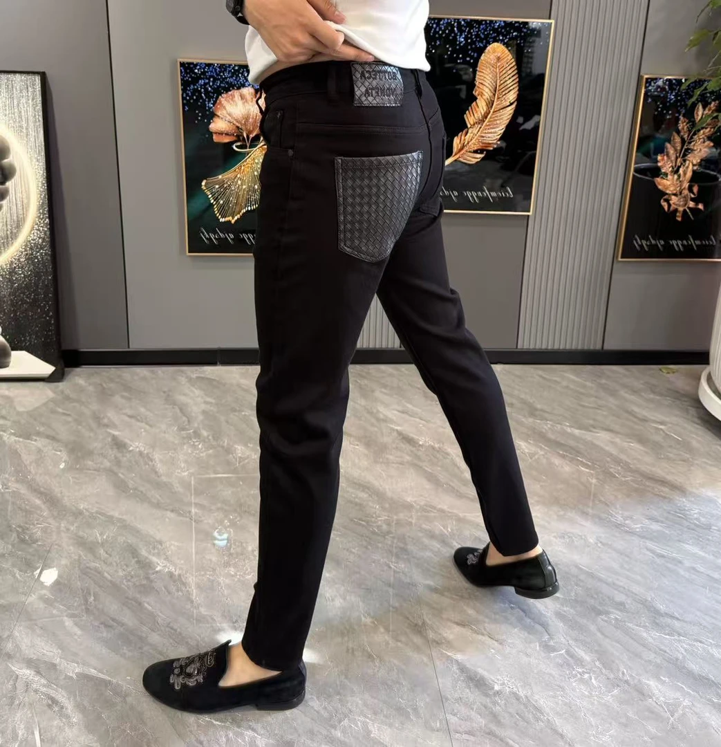 男裤秋冬新款牛仔裤男款时尚拼皮小脚裤牛仔裤男款男士秋冬款裤子