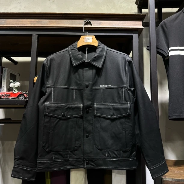 秋季散口袖短款薄款印花翻领夹克黑色男士脏脏风皮衣8753