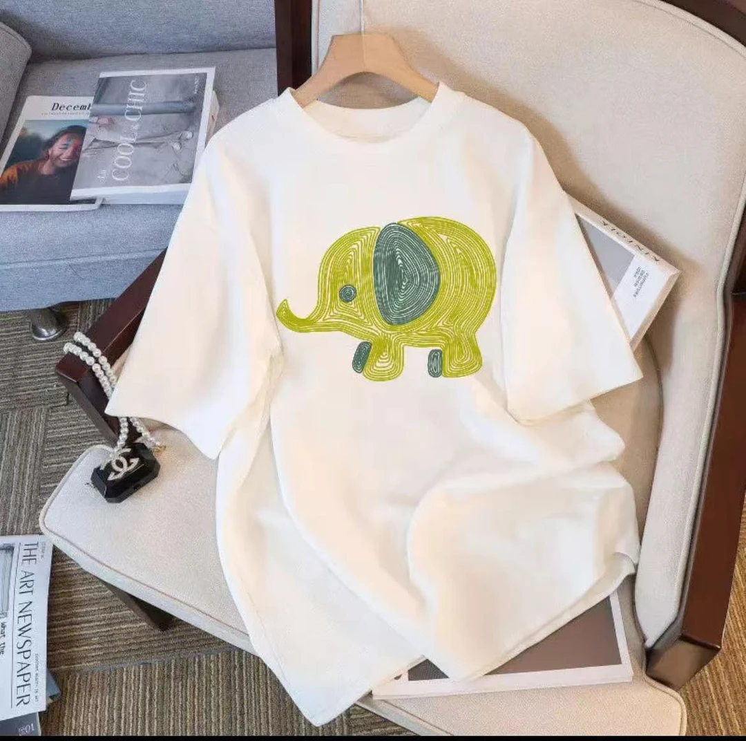 夏季时尚宽松印花潮流春夏卡通圆领设计感短袖-绿色小象