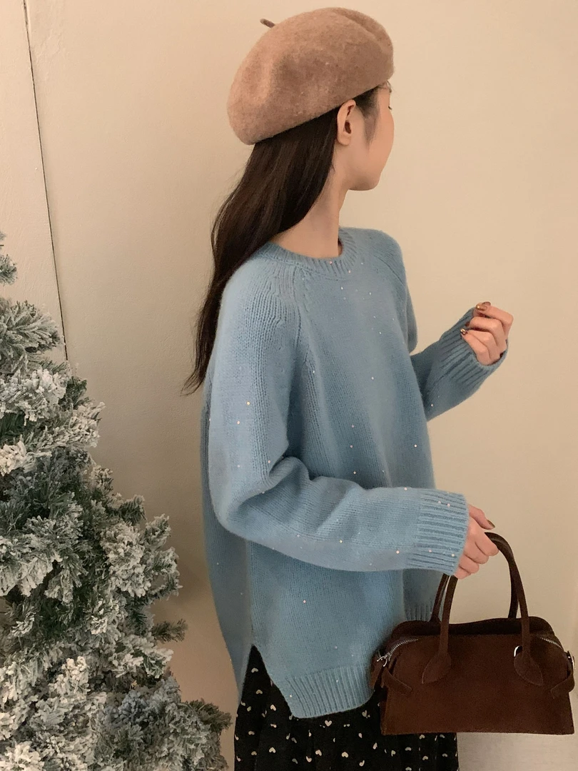 【玥玥家】【不可机洗】100%纯羊毛-冬季圆领套头摒珠片长袖针织衫