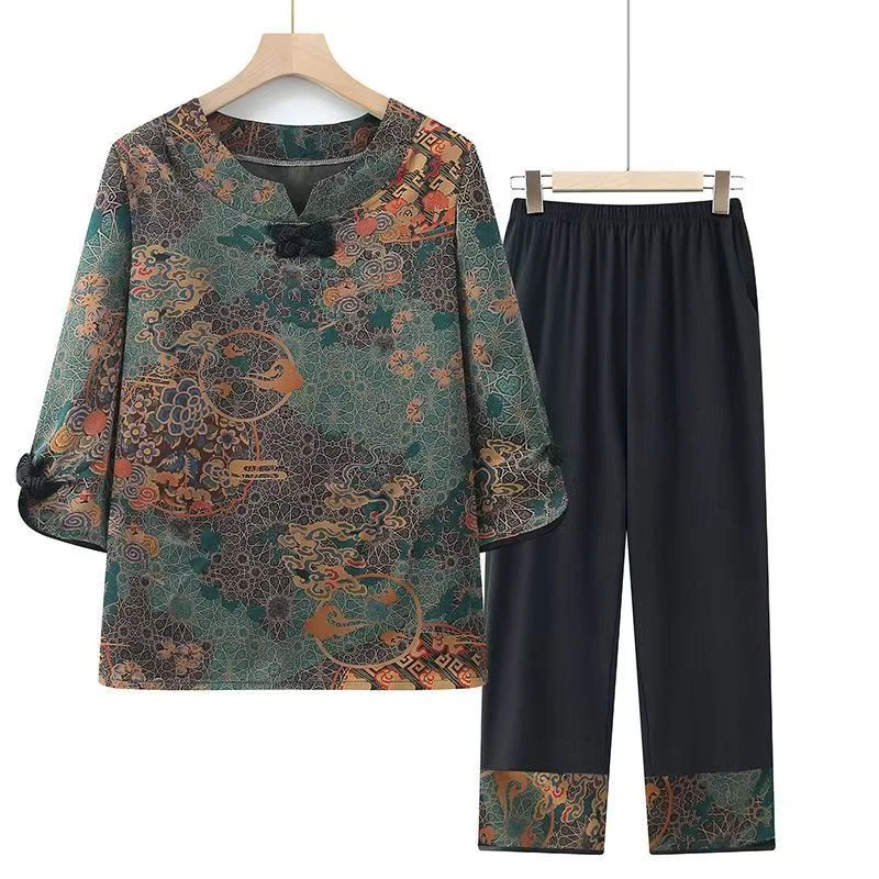 10098-中老年人夏装T恤妈妈七分袖小衫薄衣服套装【一楼西16-1-4】