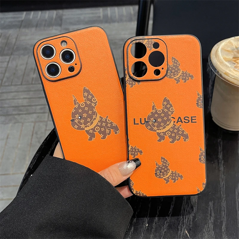 橙色法斗犬适用苹果16promax手机壳新款15皮质14可爱13潮牌12高级