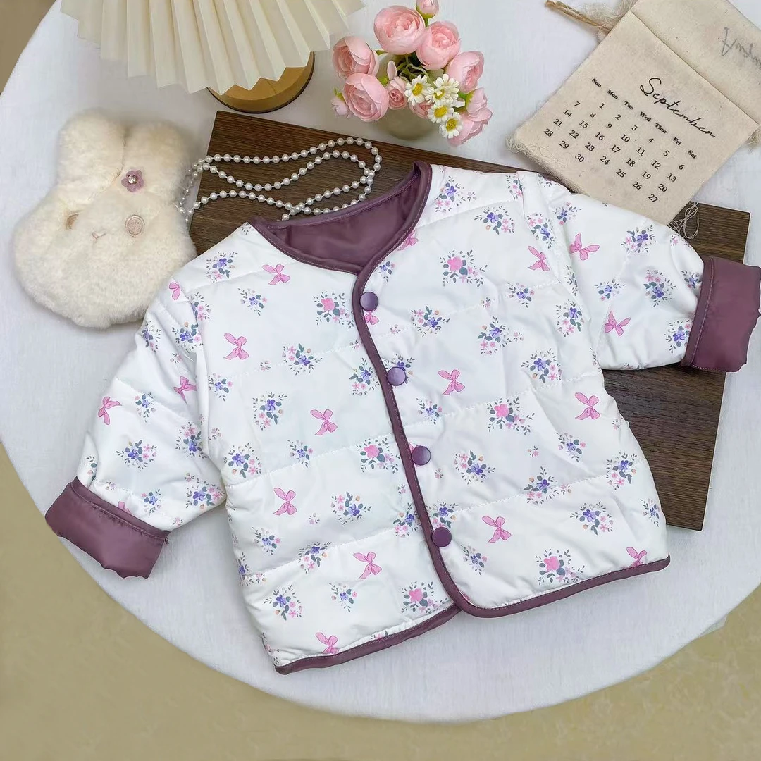 2025女童冬款圆领紫碎花正反两穿外出女中小童棉服棉袄ZH-Q-D10