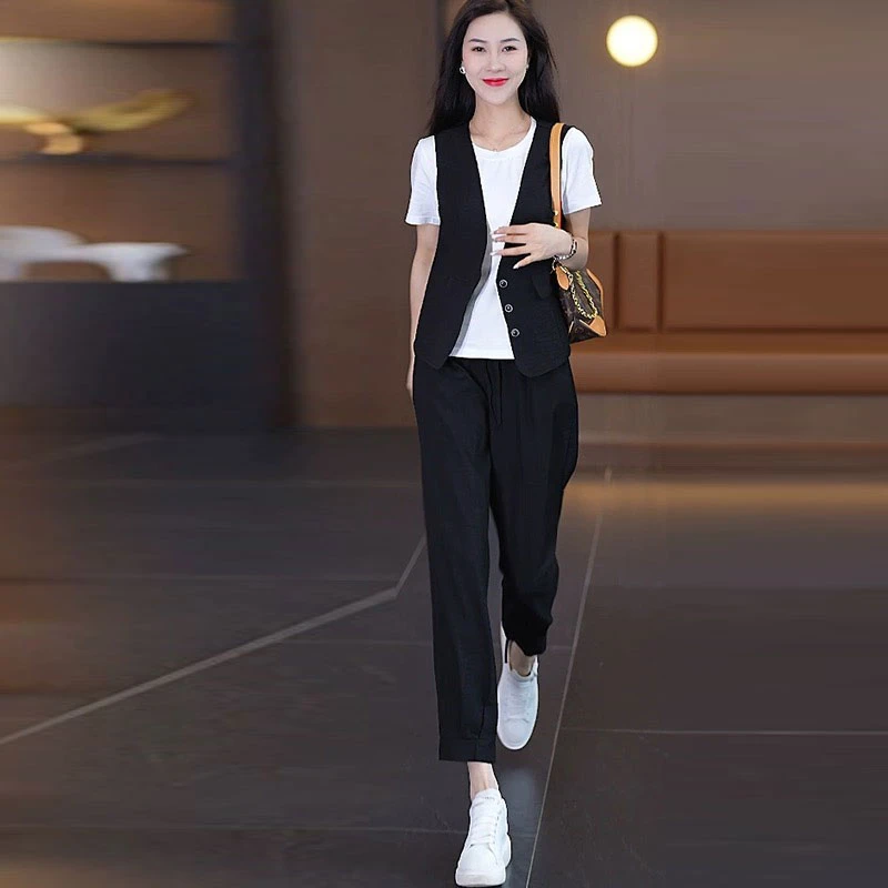 La babite黑色简约短袖马甲休闲裤三件套女2025夏季新款时髦减龄