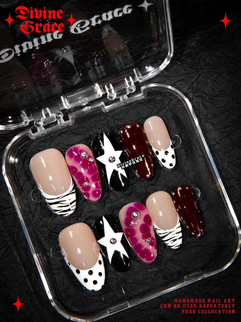 【小皮裤】星星波点法式手绘穿戴甲/高品质手工穿戴甲