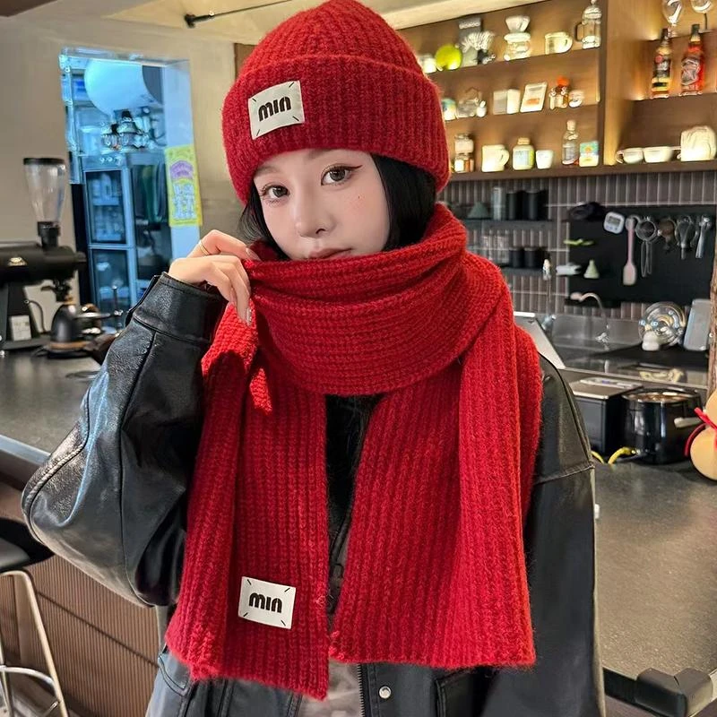 新款冬季纯色羊毛帽子围巾保暖韩国气质针织时尚情侣百搭棉帽