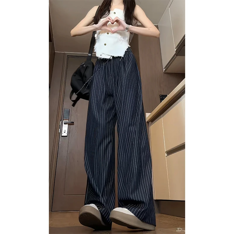 美式复古牛仔蓝条纹直筒裤男女夏季薄款慵懒高腰松弛感休闲阔腿裤