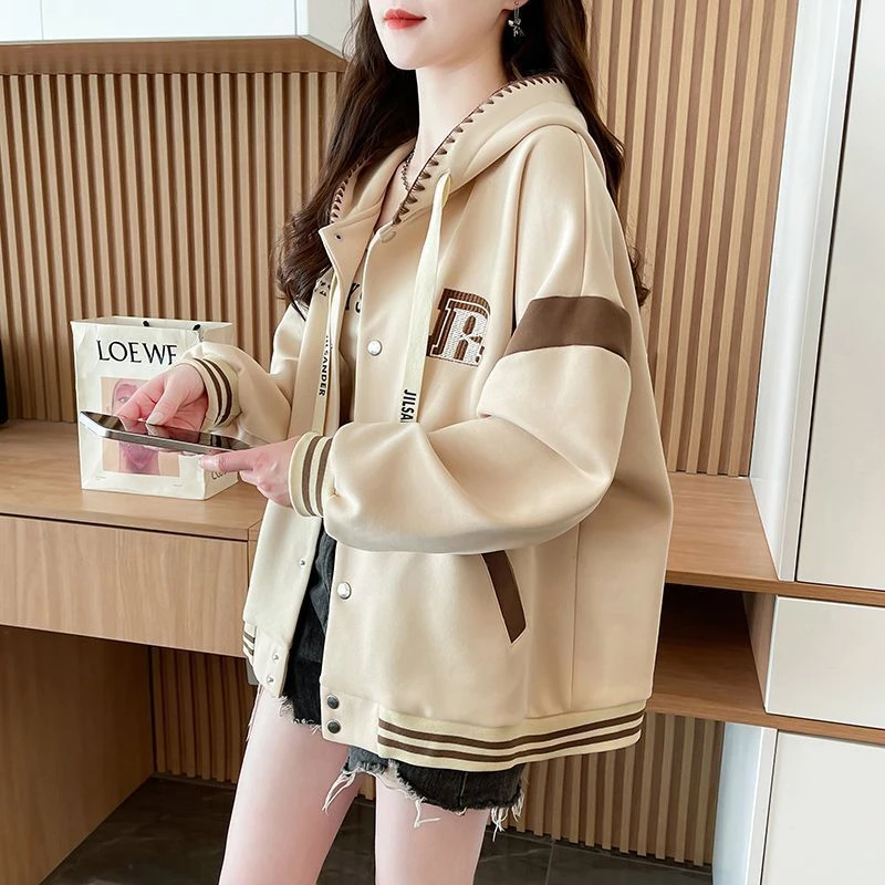 学院风连帽棒球开衫卫衣女韩版宽松春秋薄款小众设计感上衣外套潮