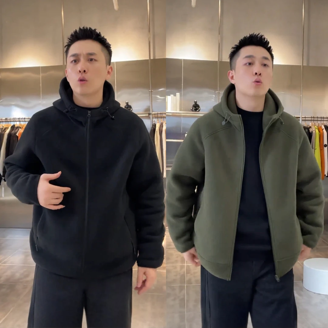 秋冬新款双面摇粒绒连帽拉链外套男简约时尚宽松保暖防户外风夹克