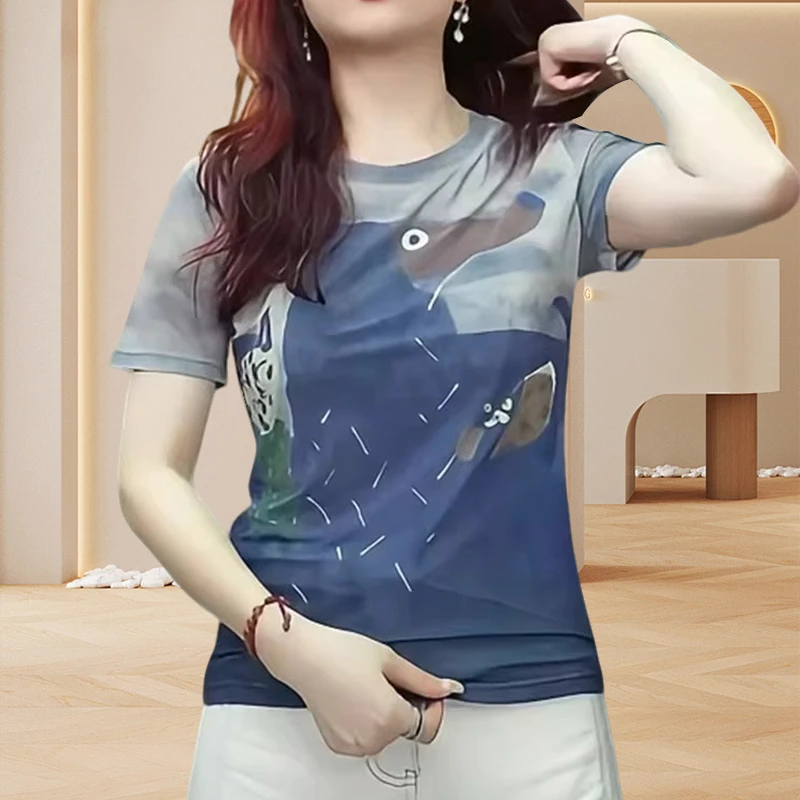 设计感涂鸦印花卡通t恤女2025夏季新款双层网纱修身显瘦短袖上衣