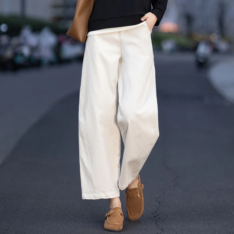 杏色休闲裤女爆款2025新款秋冬高腰加绒阔腿裤小个子九分裤弯刀裤