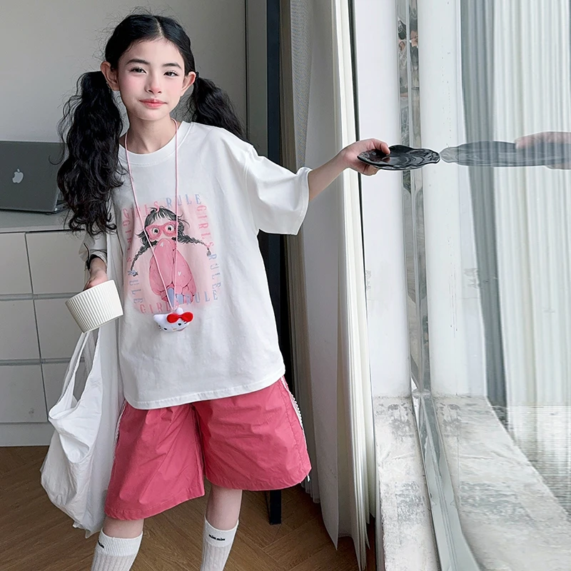 女童夏季套装3-15岁休闲短袖T恤上衣8夏装女大童粉色裤子两件套潮