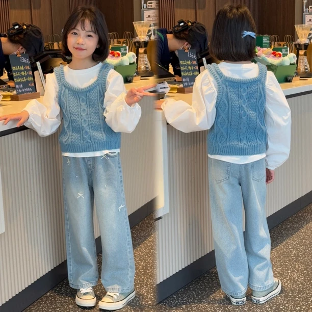 女童春款蓝马甲衬衫牛仔裤三件套中大童女孩新款洋气时尚气质套装