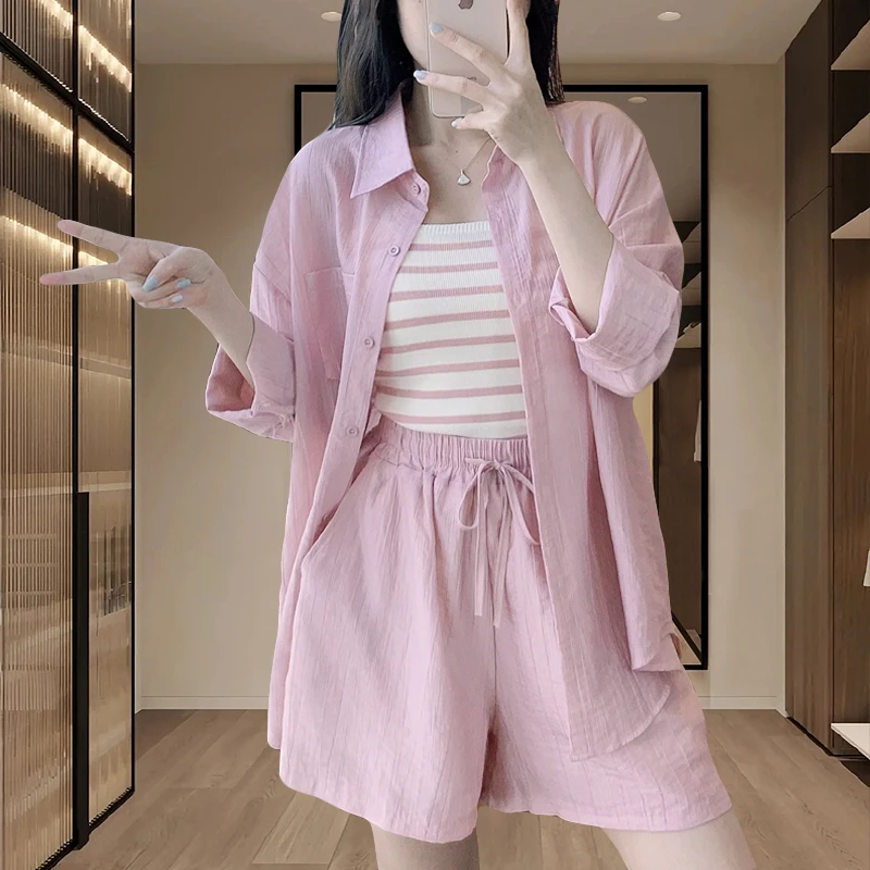 大码女装夏装新款防晒衬衫吊带上衣微胖妹妹显瘦遮肉短裤三件套装