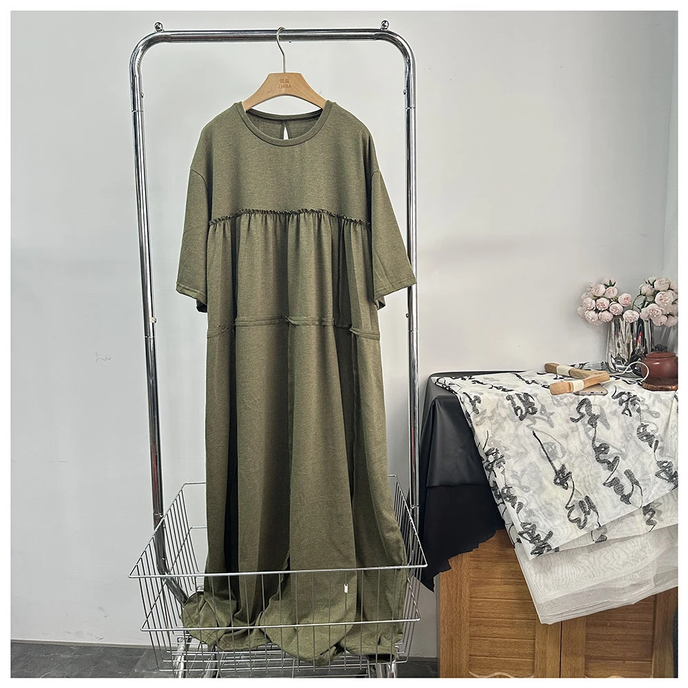 Q218  夏季宽松中长款女士时尚拼接圆领短袖连衣裙女