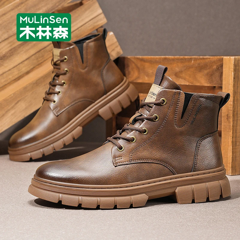 木林森工装靴男款2025秋季新款复古休闲百搭厚底英伦风男士马丁靴