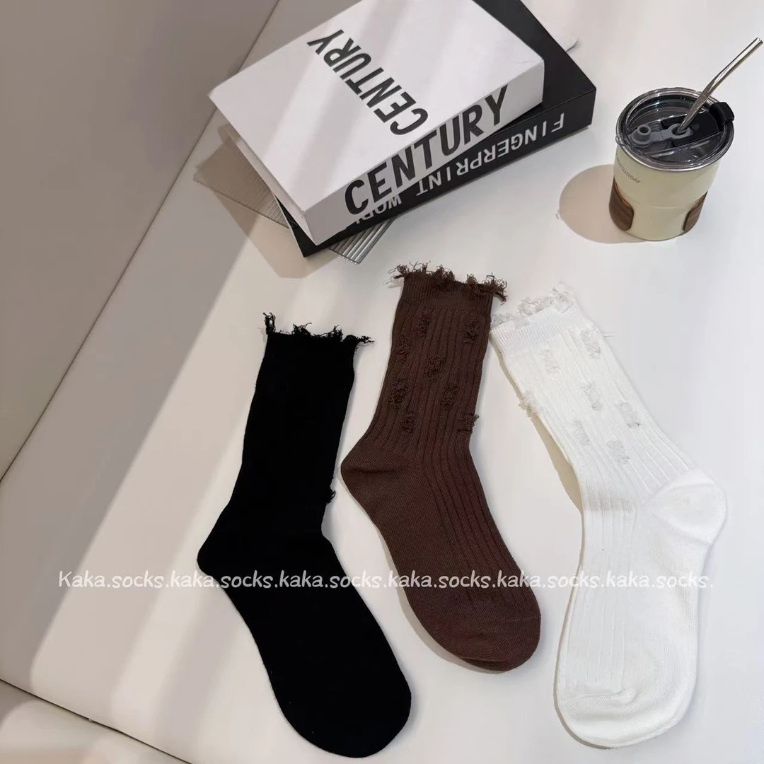 日系洋气百搭破洞透气女袜纯色失序混搭风潮酷中筒堆堆袜