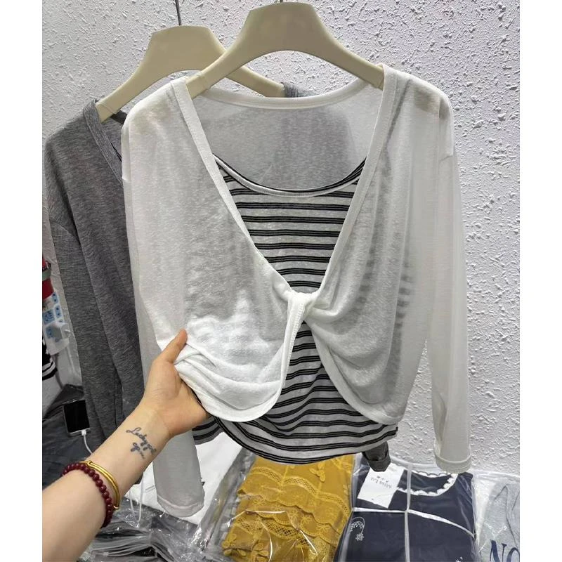 清仓条纹吊带长袖T恤套装2025早秋新款女设计感洋气百搭两件套潮