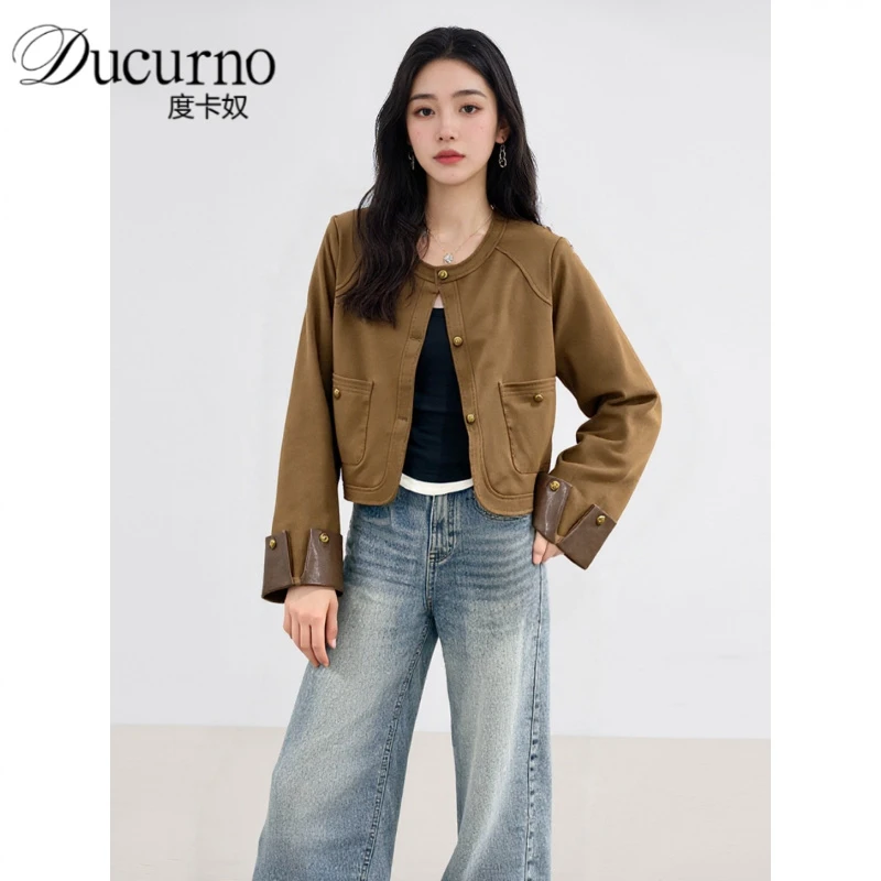 复古棕色圆领简约短外套女士2025秋季新款小个子宽松休闲夹克上衣