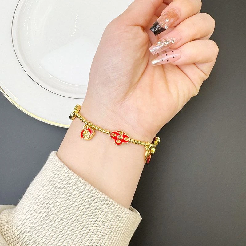 黄铜手链 福牌蝴蝶郁金花莲花吊坠圆珠手串铜合金鱼扣手环古法