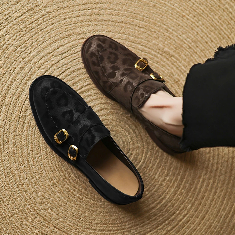 洋气轻奢/百搭黑色豹纹复古单鞋女真皮中跟乐福鞋女新款高级感