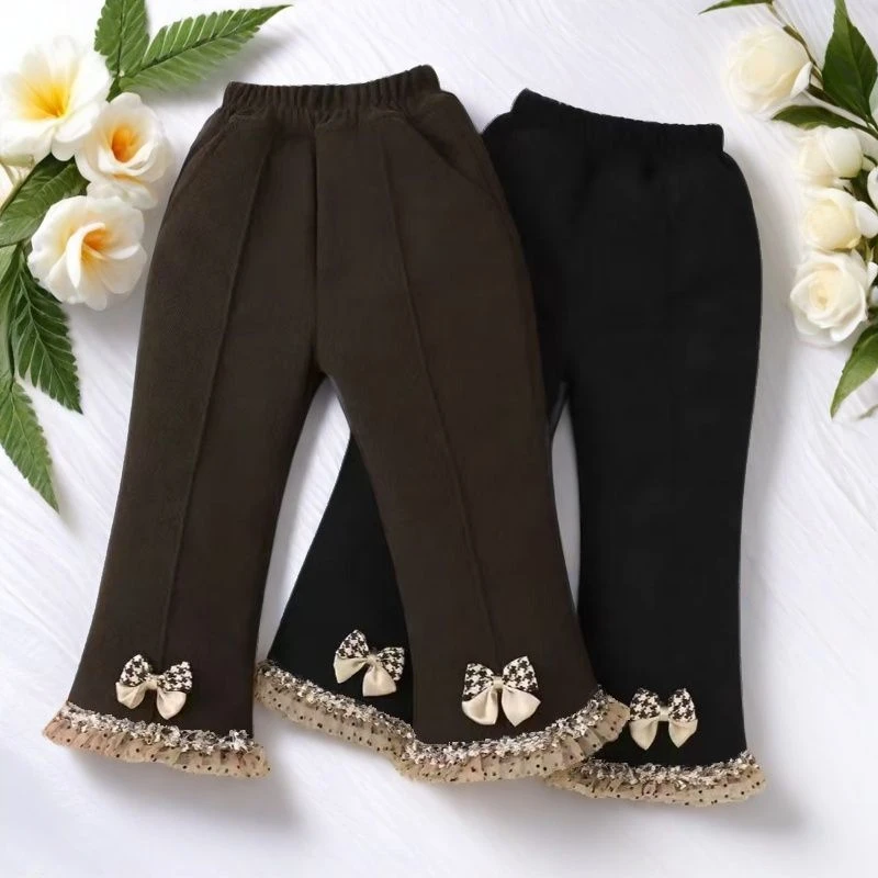 公主风女童灯芯绒三层夹棉洋气花边蝴蝶结喇叭口加厚冬季保暖棉裤