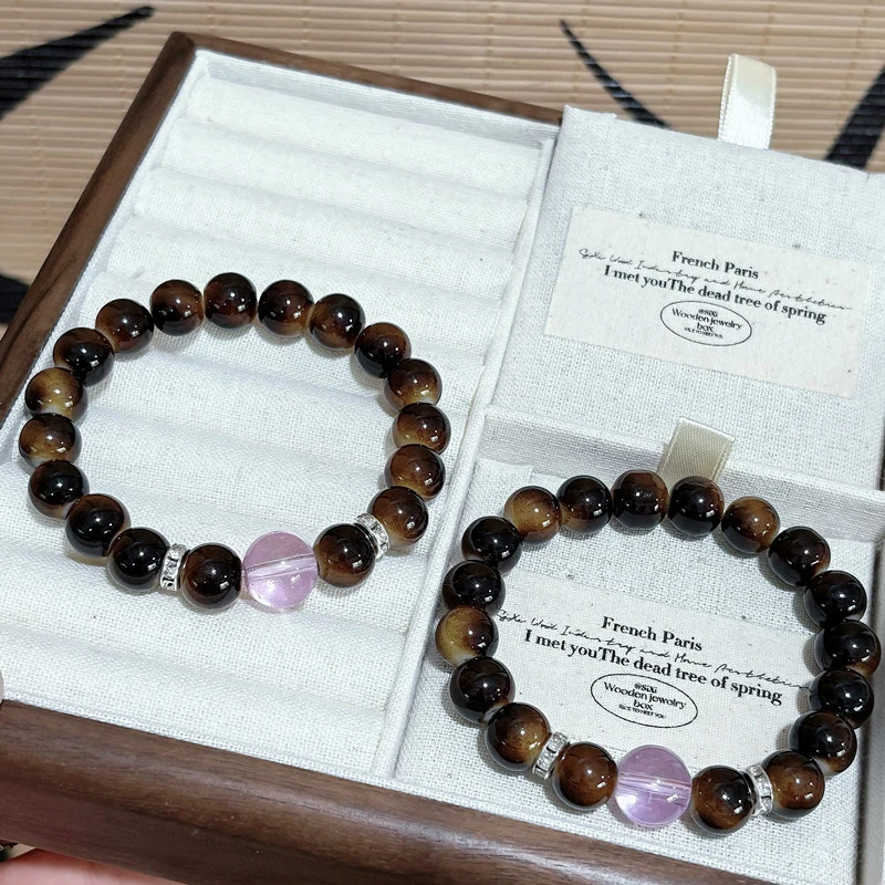 铜合金亚克力手链 式复古虎眼紫水手链美拉德风手串文艺复古手串