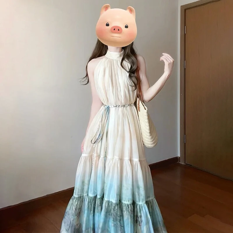 4281新中式度假气质长裙国风挂脖吊带连衣裙子女春2025新款