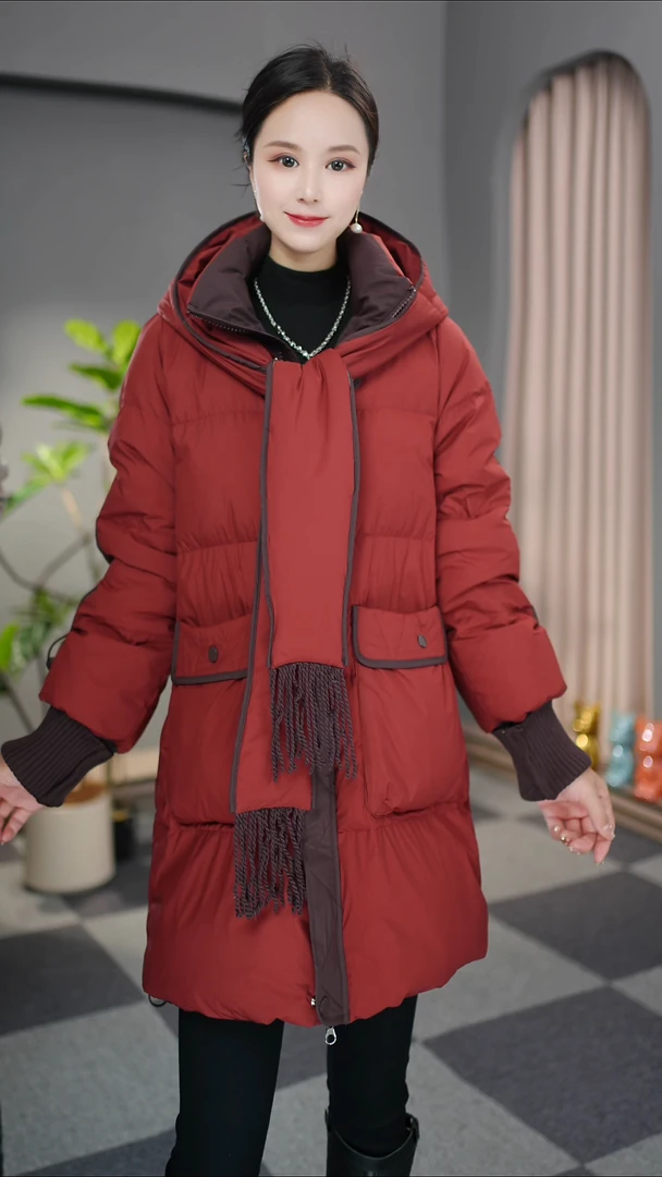 大码冬季设计感围巾连帽百搭优雅白鸭绒宽松连帽羽绒服