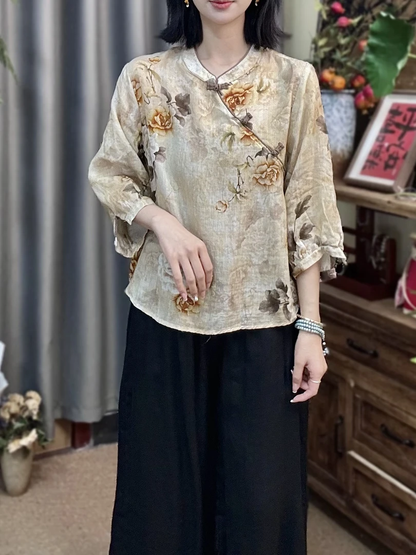 新款印花苎麻衬衫夏季女士七分袖小衫复古盘扣衬衣2025防晒上衣