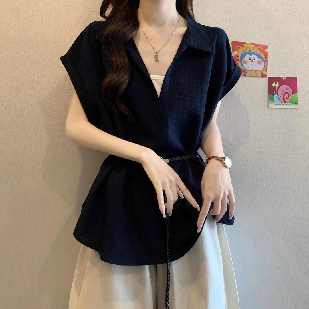 假两件短袖衬衫女夏季2025新款设计感拼接收腰显瘦系带落肩袖上衣