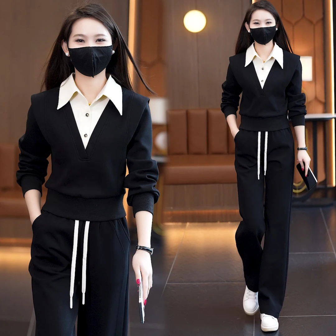 设计感 假两件 polo衬衫领春秋女士运动服套装2025休闲时尚两件套