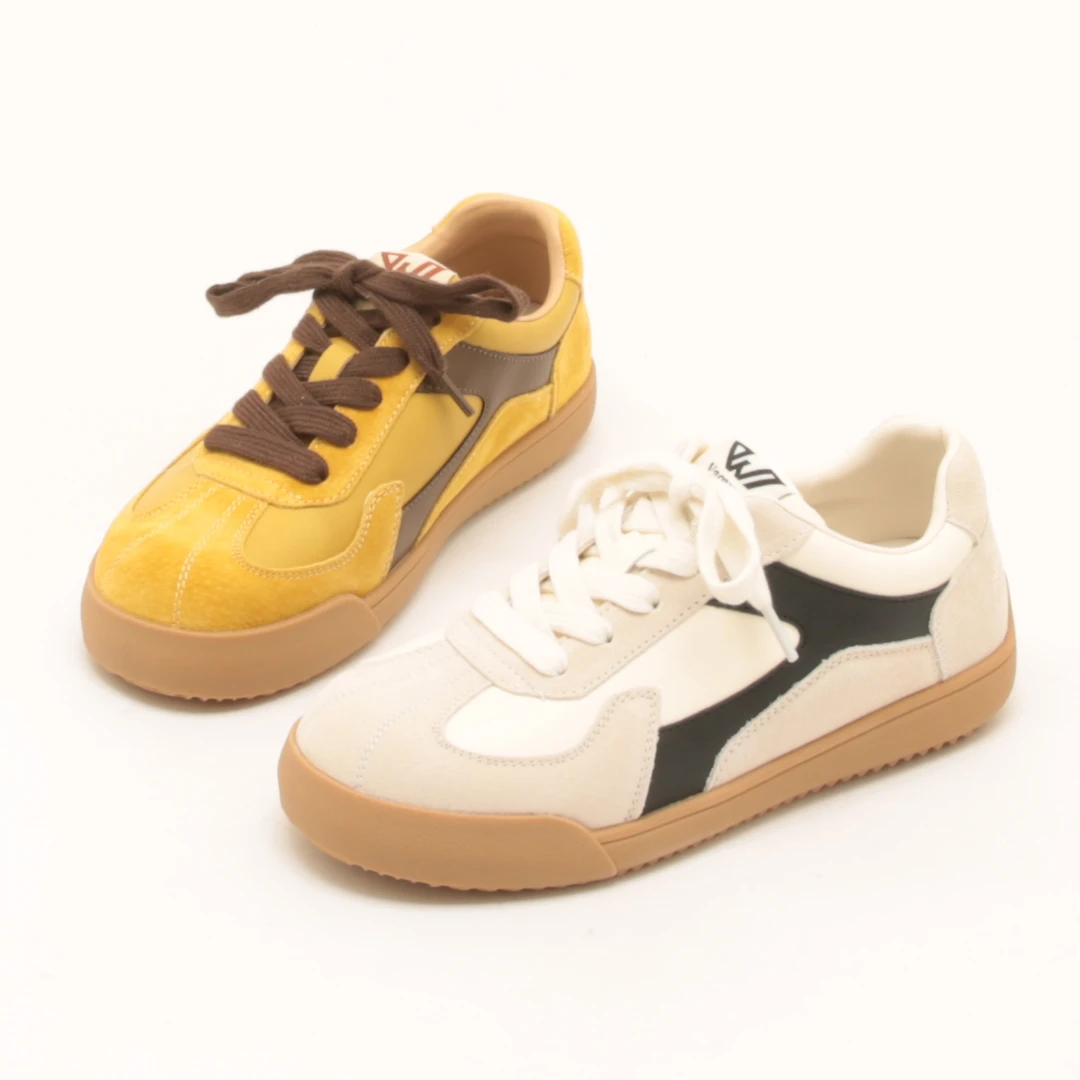 6256春季新款真皮拼色复古德训鞋女百搭系带舒适运动休闲鞋