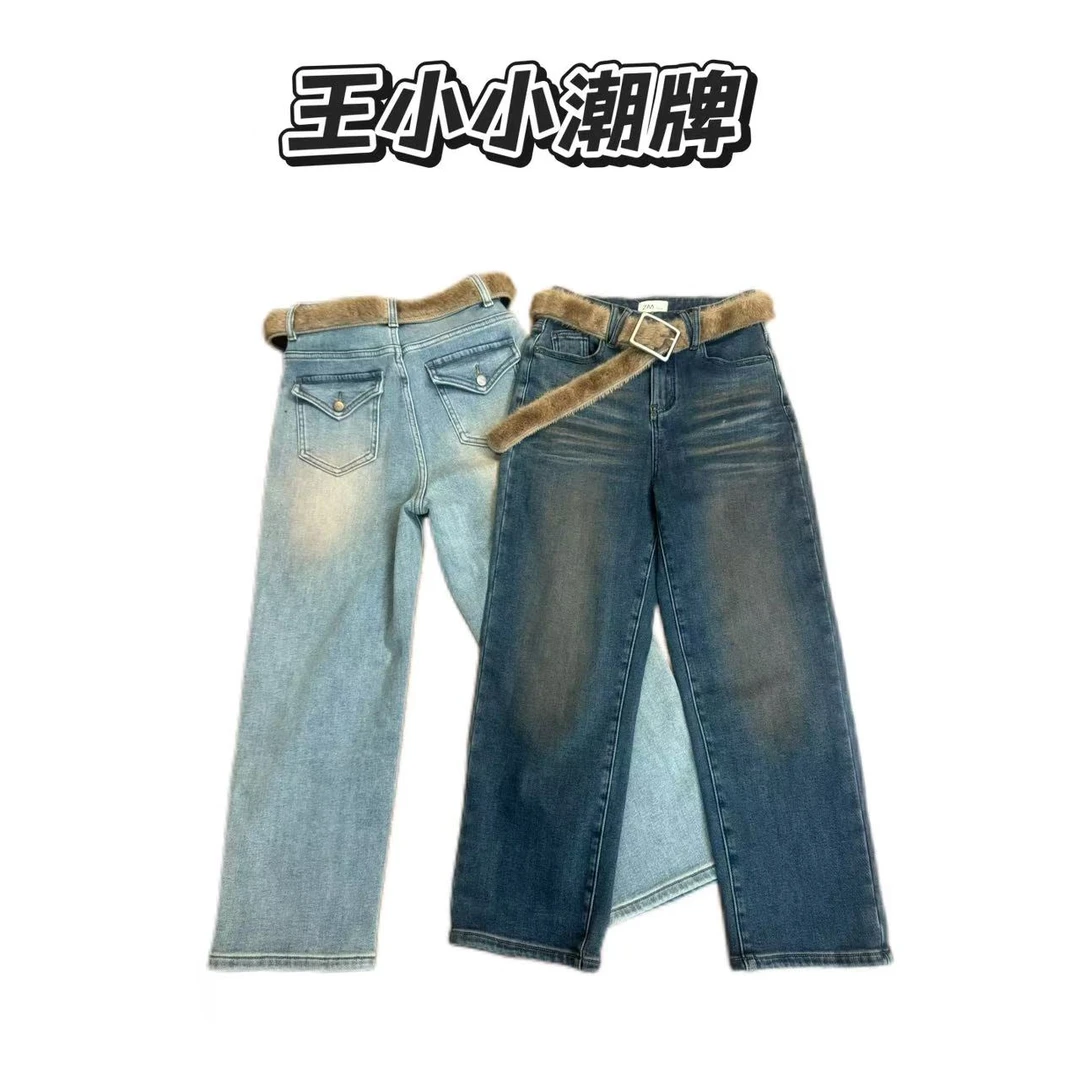 【王小小822112】兔毛腰带烟管裤高弹加绒牛仔裤