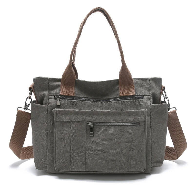 潮不儿帆布包多口袋简约轻便女包大容量单肩包上班通勤手提斜挎包