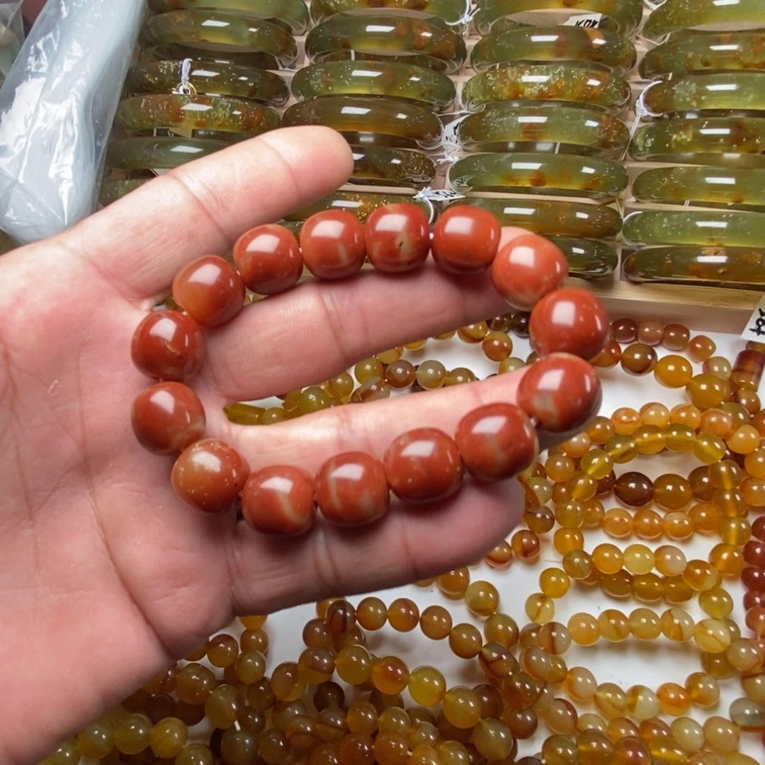 蛇纹石玉手链未镶嵌辽阳红卡14老型微瑕福利