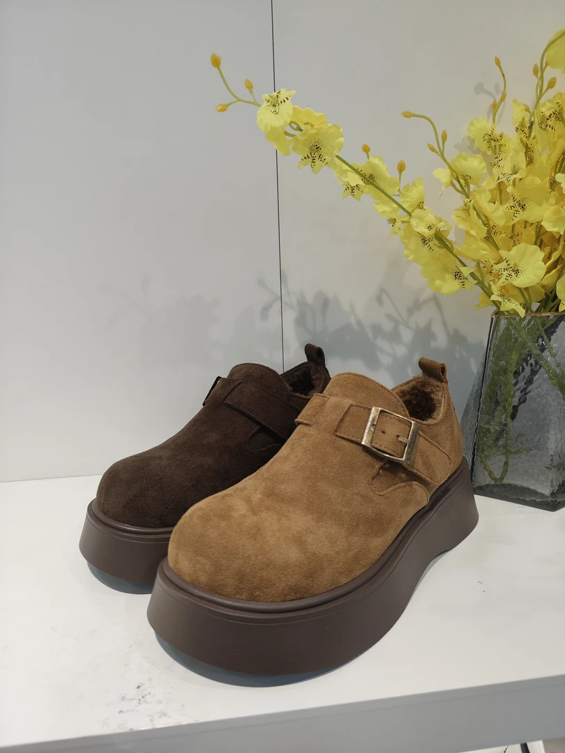 松糕厚底勃肯女鞋加绒加厚低帮雪地靴2024新款冬季乐福鞋雪地棉鞋