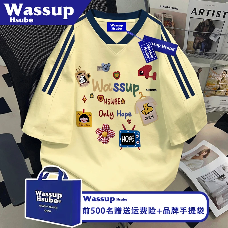 WASSUP HSUBE童趣卡通印花纯棉短袖ins奶黄拉杠上衣男女款夏季T恤