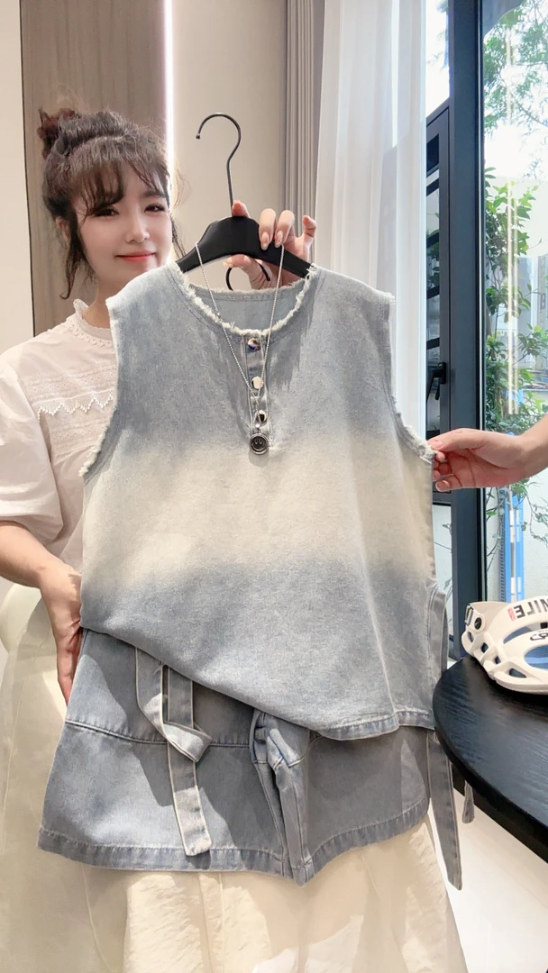 2025新款大童无袖两件套水洗软牛仔男童套装背心潮酷嘻哈港风夏装