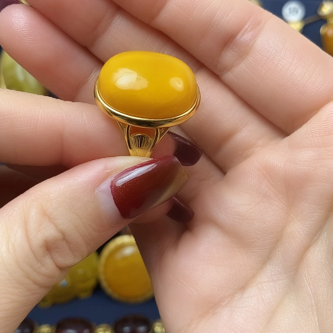 蜜蜡戒指银S925镀金镶嵌