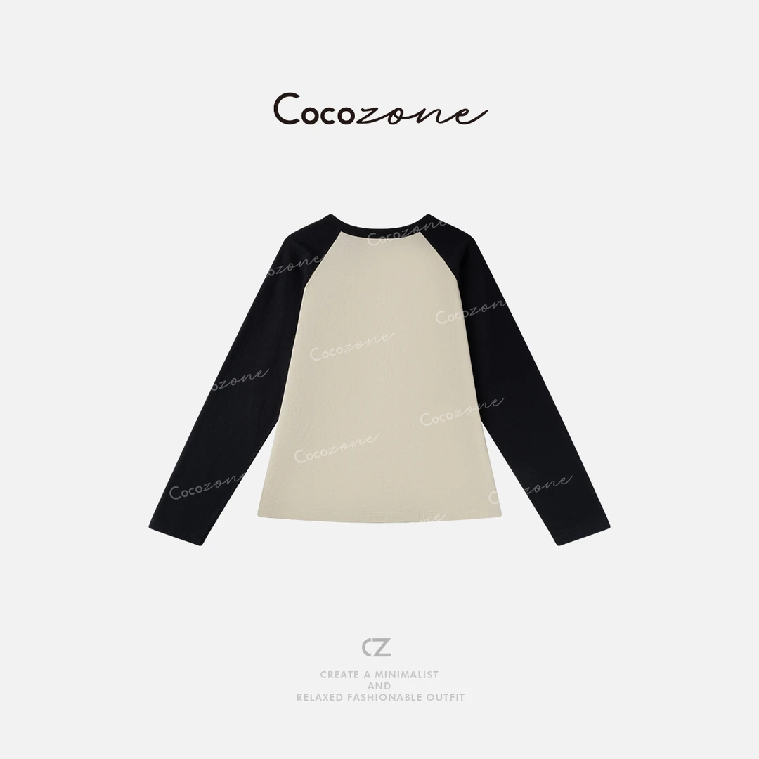 COCO ZONE 刘一一【木棉混纺】街头风圆领拼色长袖T恤 CD1A1178