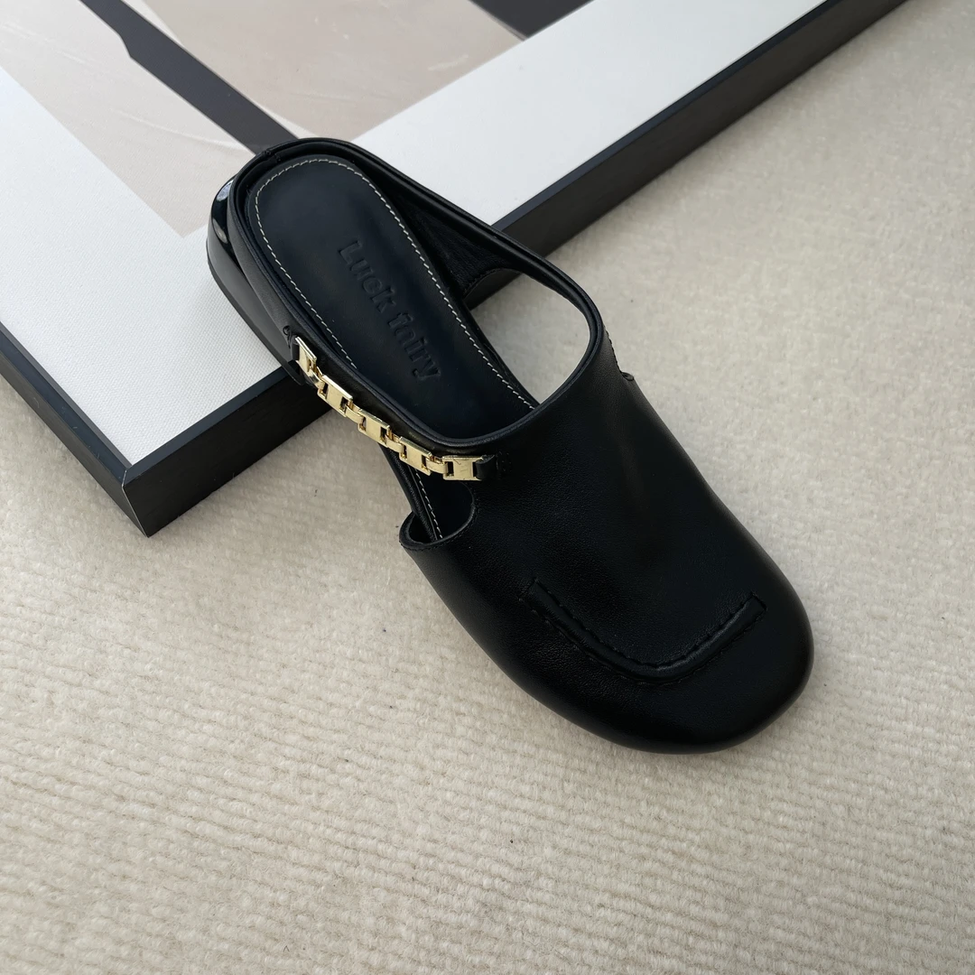 意式轻奢包头拖鞋女镂空设计时尚舒适中跟皮拖鞋夏季HT580