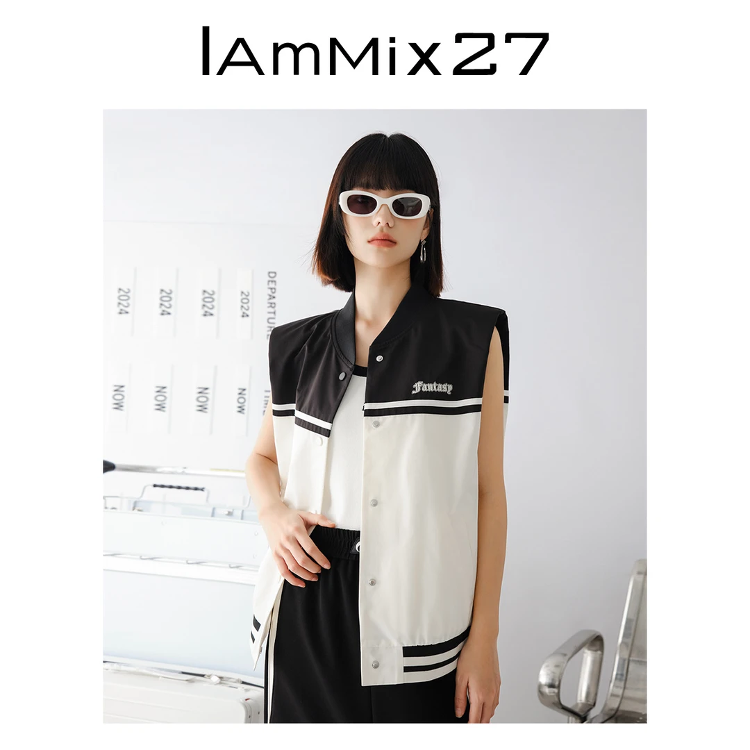 Iamx27无袖马甲女春季减龄撞色字母刺绣球领休闲马甲M4A1009