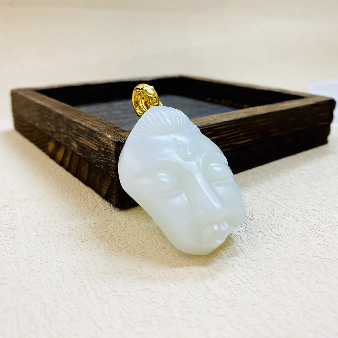 【V姐珠宝】HL41911 和田玉羊脂级-白玉三不佛公吊坠 18K金镶嵌