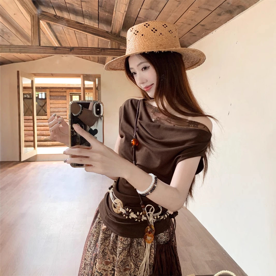 法式洋气设计感斜肩恤配腰带女小众高腰显瘦印花半身裙女装