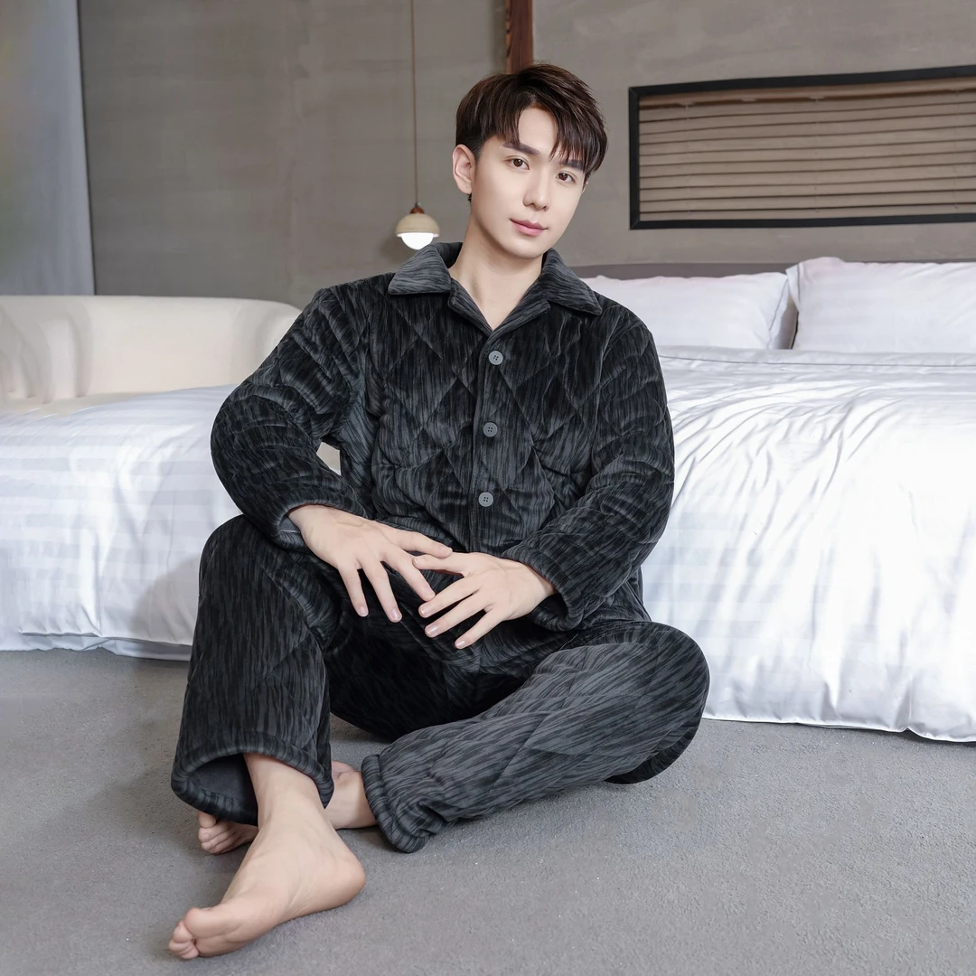 皮尔卡丹三层夹棉男款秋冬季加绒加厚睡衣可外穿保暖家居服套装