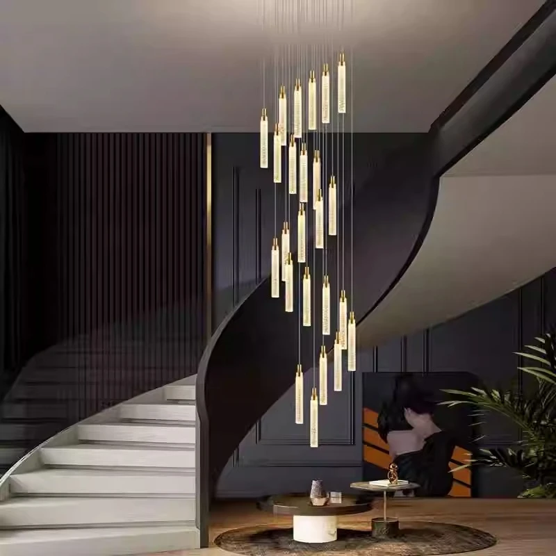 轻奢高级感楼梯间挑空旋转楼梯loft公寓别墅复式楼客厅水晶玄关灯