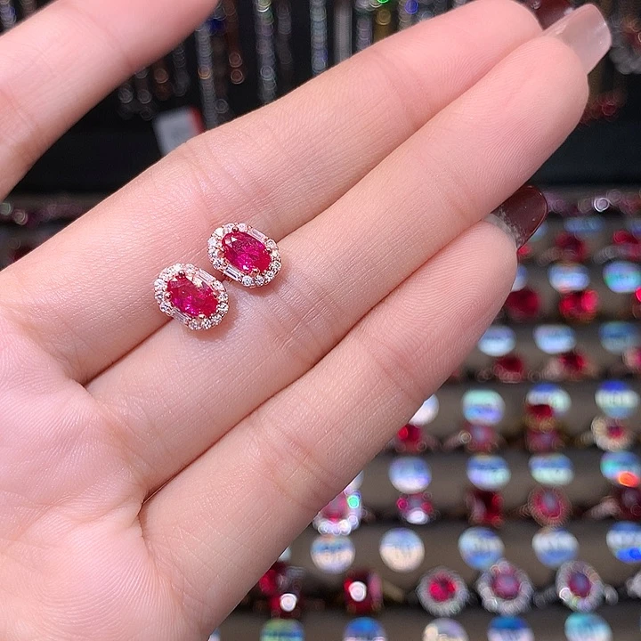 红宝石耳饰银S925镶嵌46