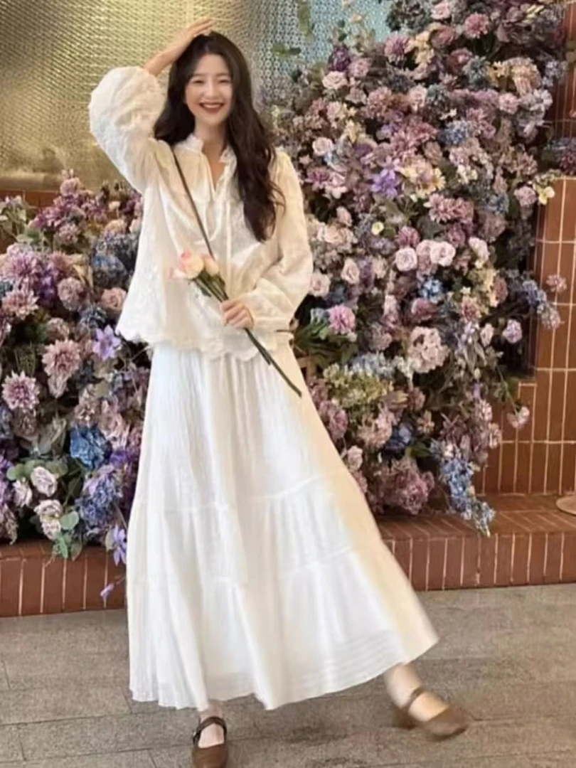 哥弟阿玛施正薄款白色成人半身裙常规款显瘦宽松气质法式色织高腰