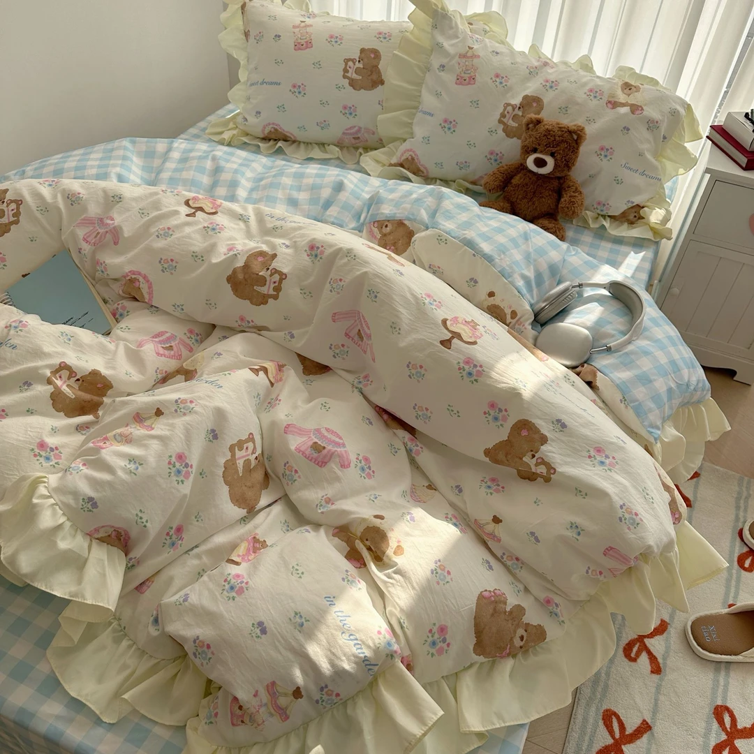 Heart Island【关于小熊】少女心韩系公主风花边可爱水洗棉四件套